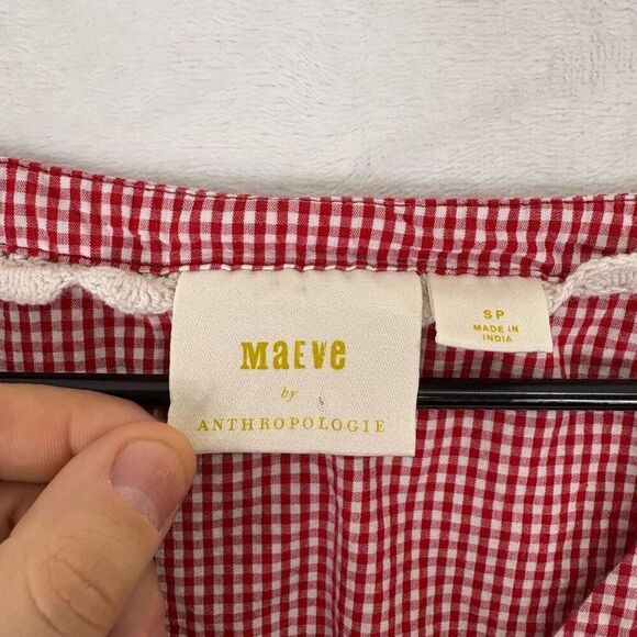 Maeve by Anthropologie Red & White Gingham V Neck Short Sleeve Blouse Top Small - Picture 5 of 10
